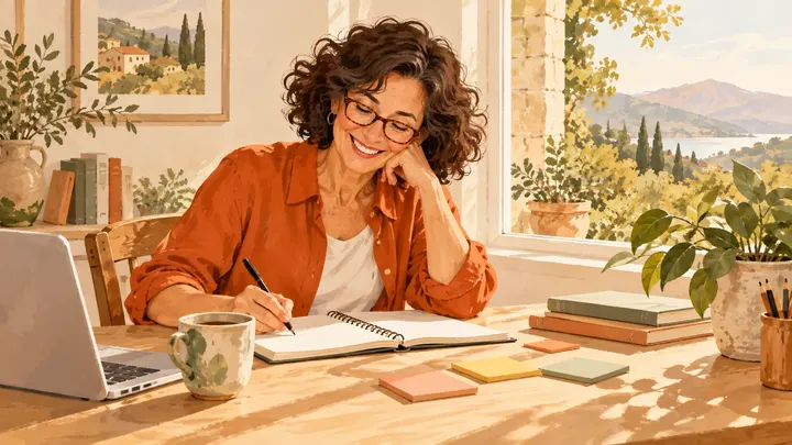 Una mujer sonríe mientras escribe una lista en un escritorio soleado