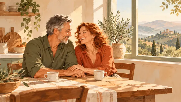 Una pareja sentada muy cerca en la mesa de la cocina