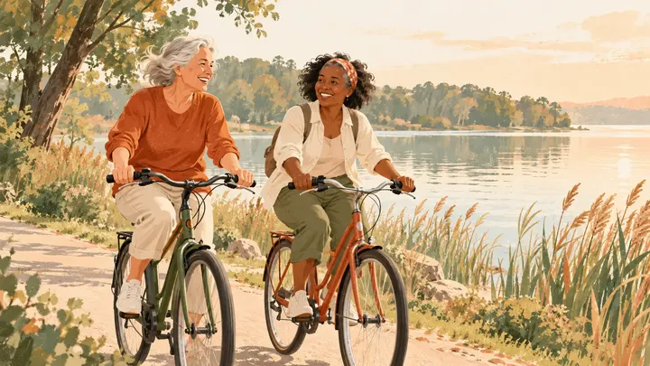 Dos mujeres andan en bicicleta por un sendero tranquilo junto a un lago