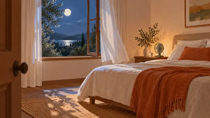 Una habitación tranquila de noche con la ventana abierta