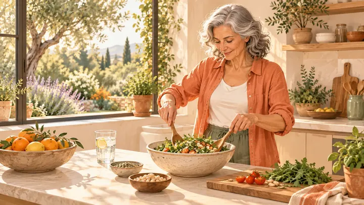 Una mujer prepara una ensalada colorida en una cocina soleada