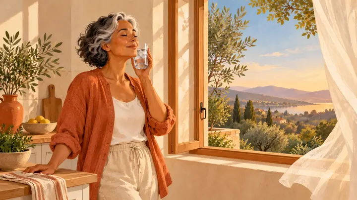 Una mujer se refresca junto a la ventana abierta de la cocina con un vaso de agua con hielo