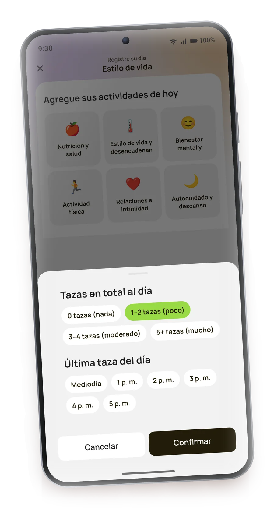 Registro de tazas de café al día en BigM en un teléfono Android
