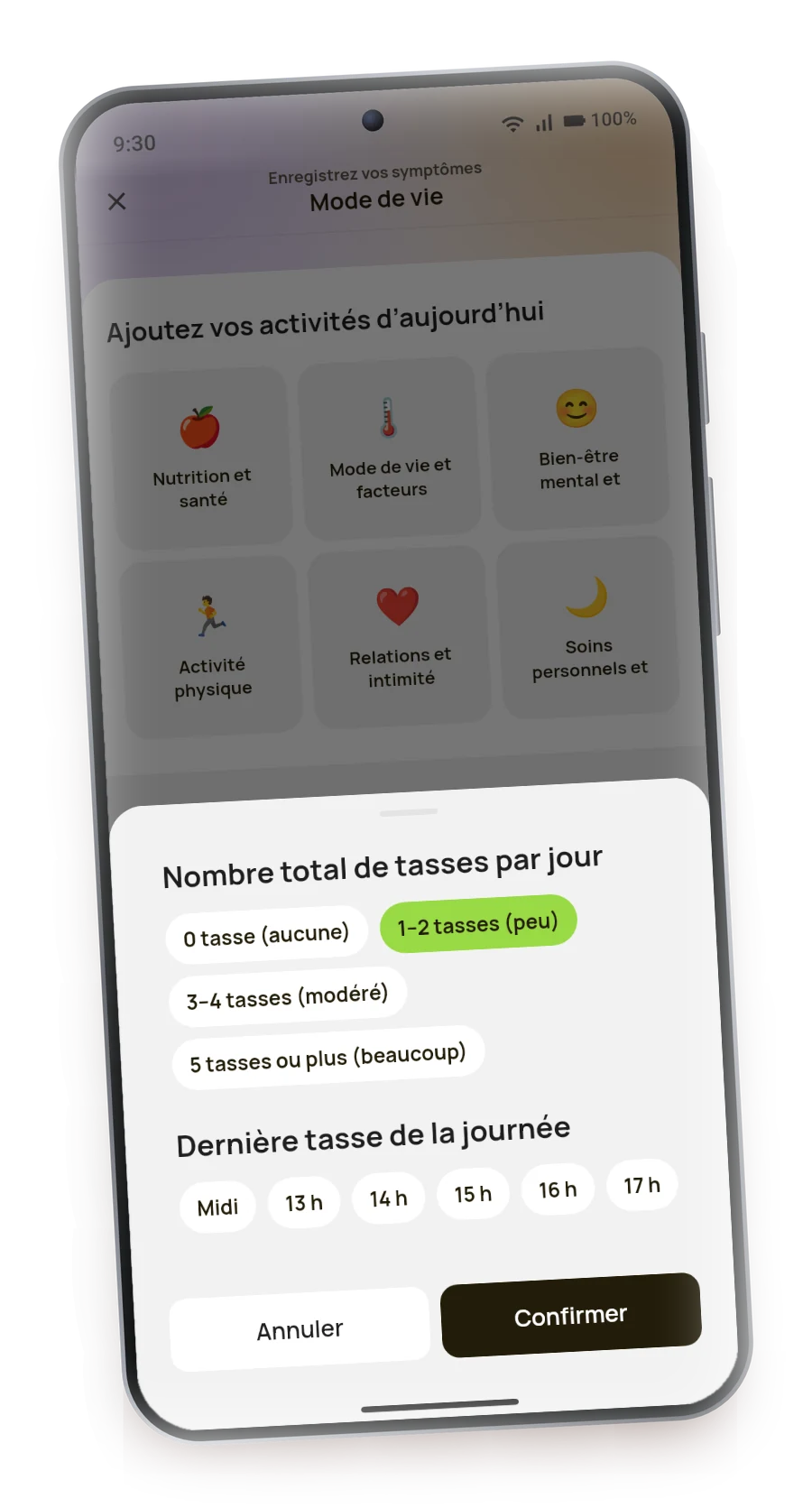 Enregistrement des tasses de café par jour dans BigM sur un téléphone Android
