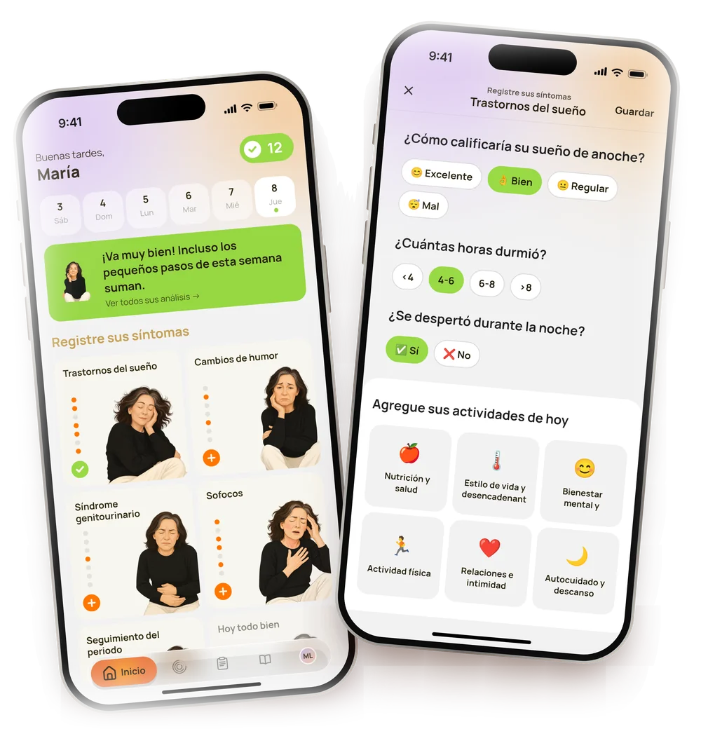 Pantalla de inicio de BigM y registro de síntomas de sueño en dos iPhone