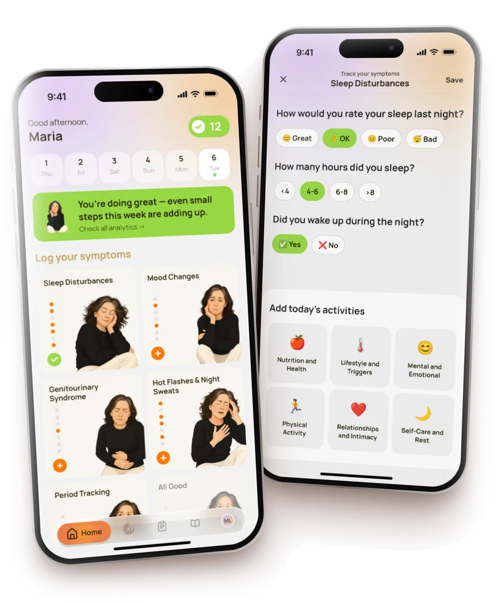BigM home screen and sleep symptom check-in on two iPhones