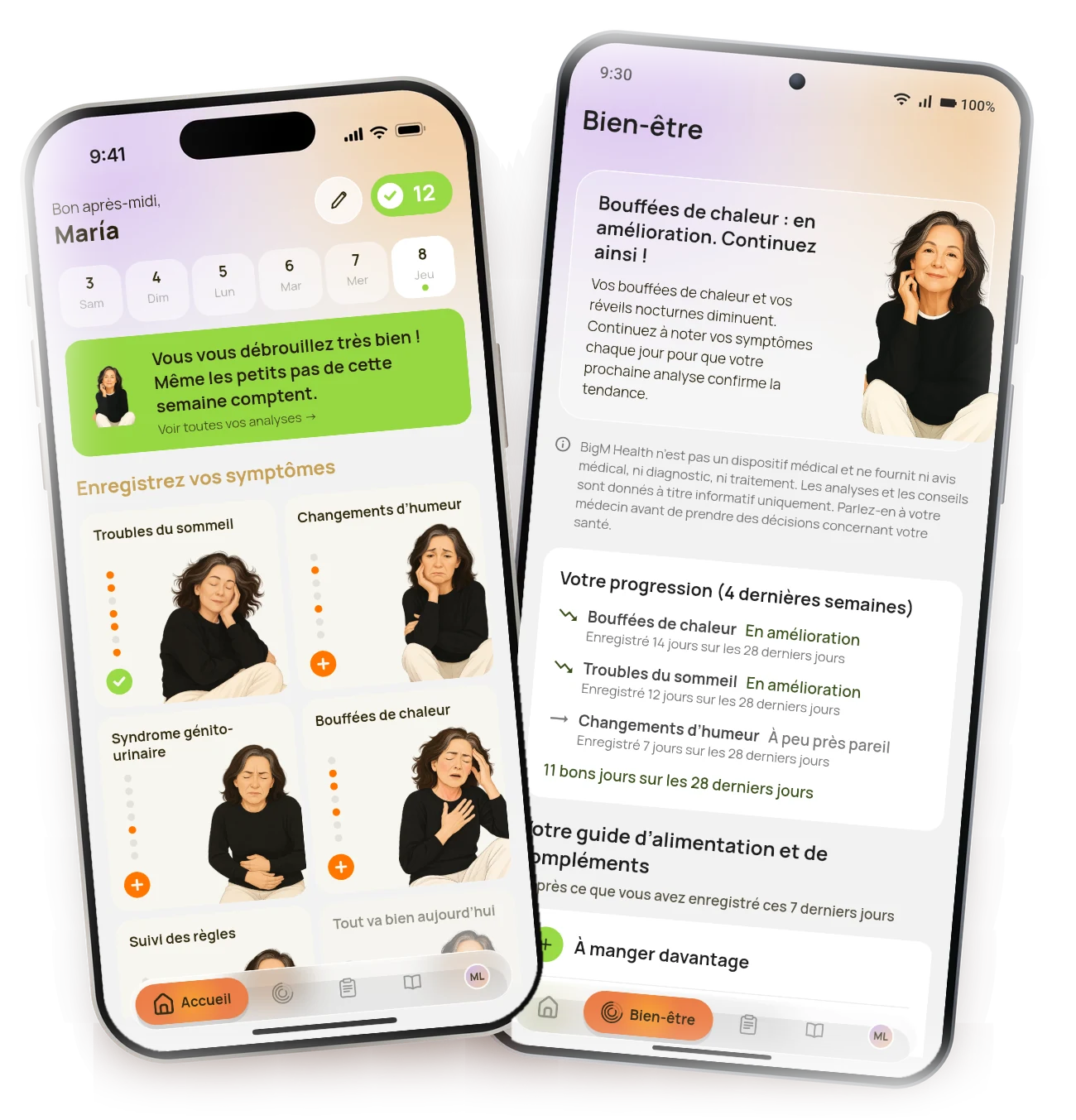 Écran d’accueil de BigM sur un iPhone et analyses Bien-être sur un téléphone Android