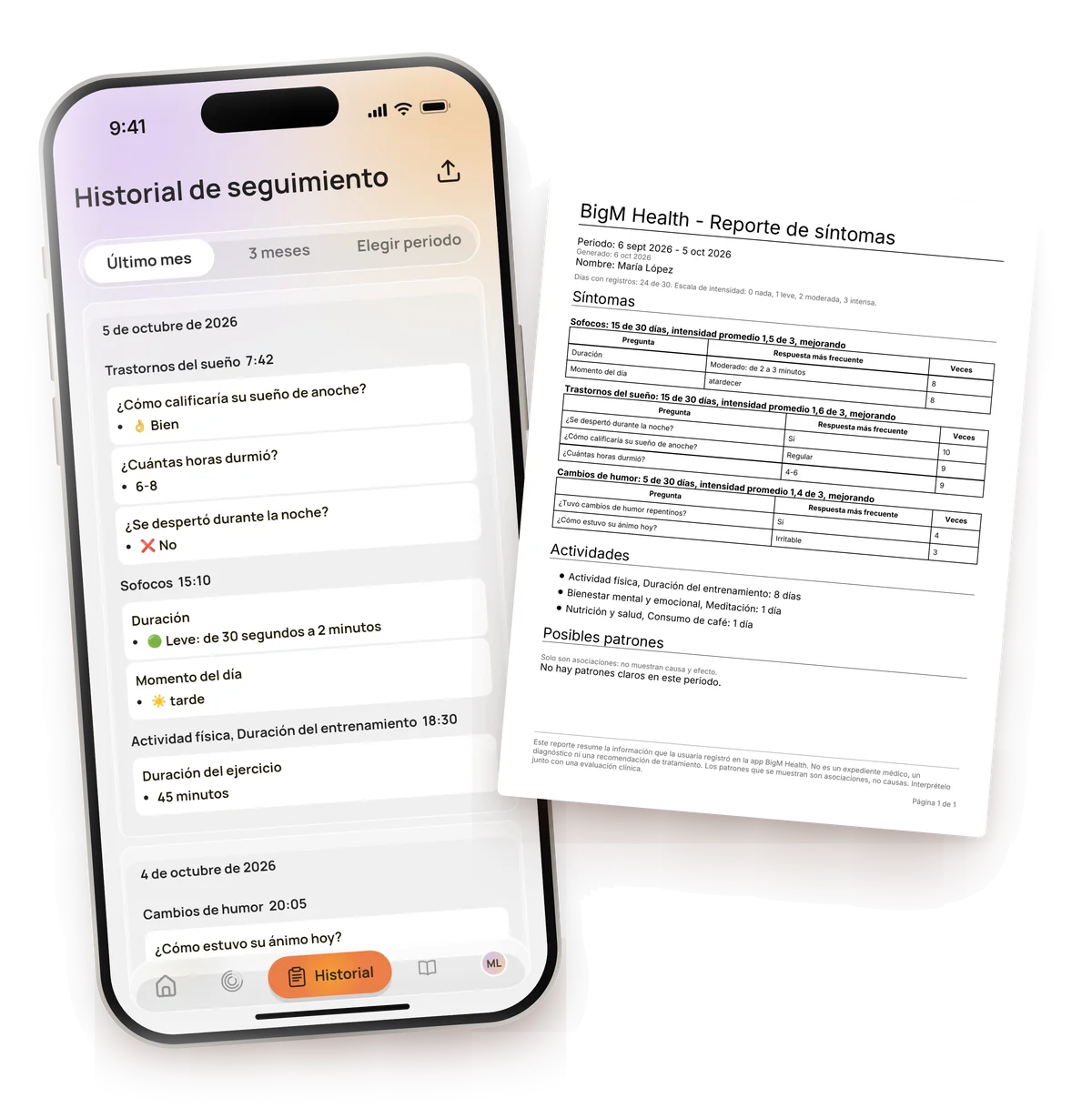 Historial de BigM en un iPhone junto al reporte en PDF para su médico