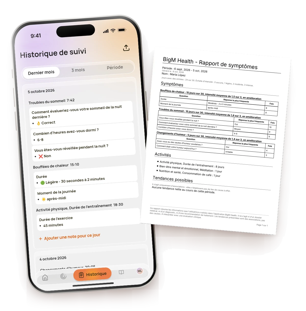 Historique de suivi BigM sur un iPhone à côté du rapport PDF prêt pour le médecin
