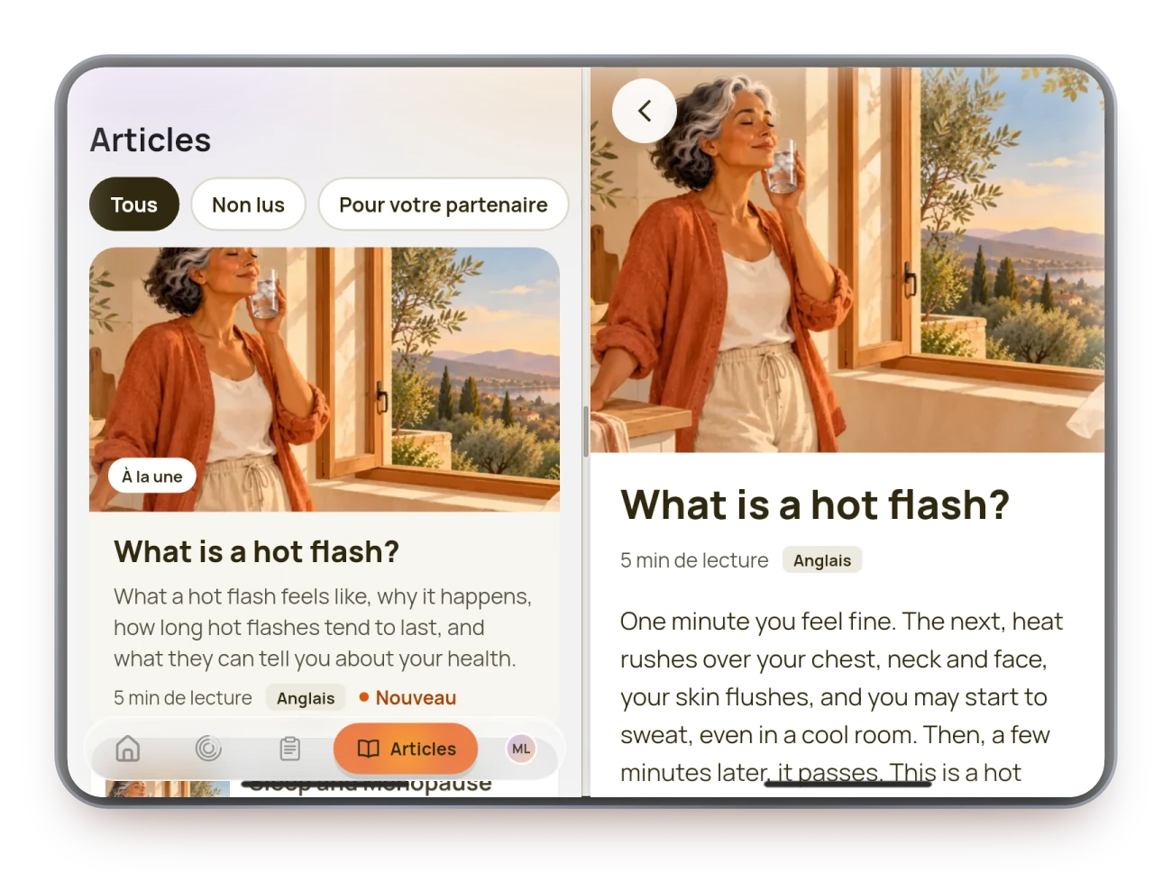 Liste des articles BigM et un article ouvert côte à côte sur un iPhone Duo