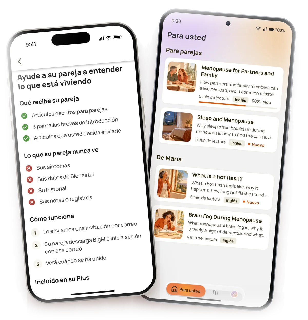 La pantalla para invitar a la pareja en un iPhone y la pantalla Para usted de la pareja en un teléfono Android