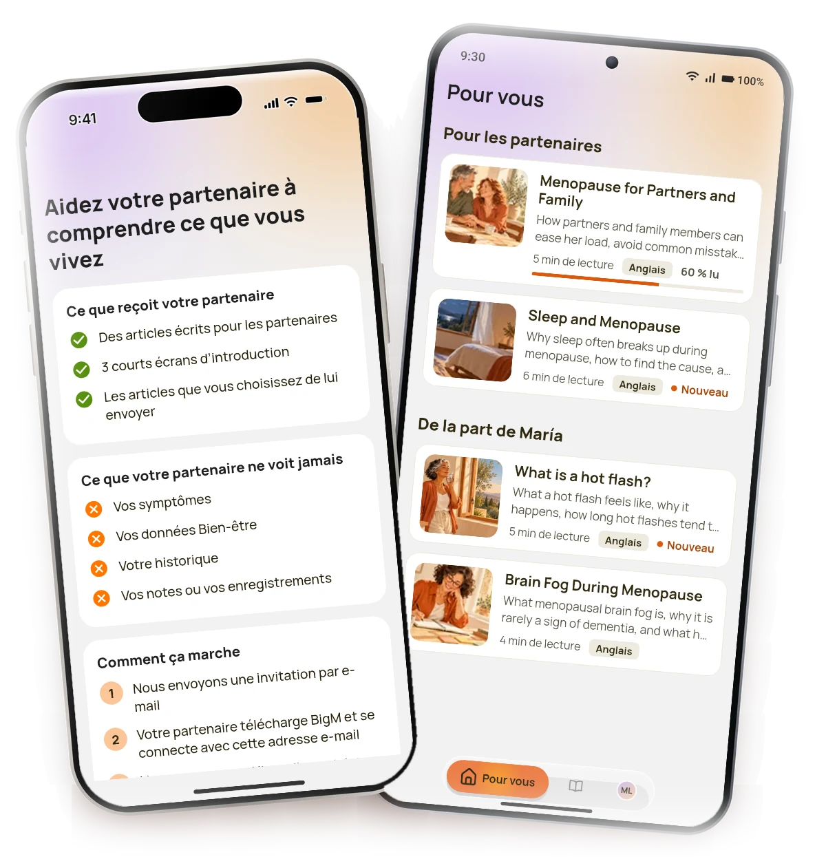 L’écran d’invitation du partenaire sur un iPhone et l’écran « Pour vous » du partenaire sur un téléphone Android