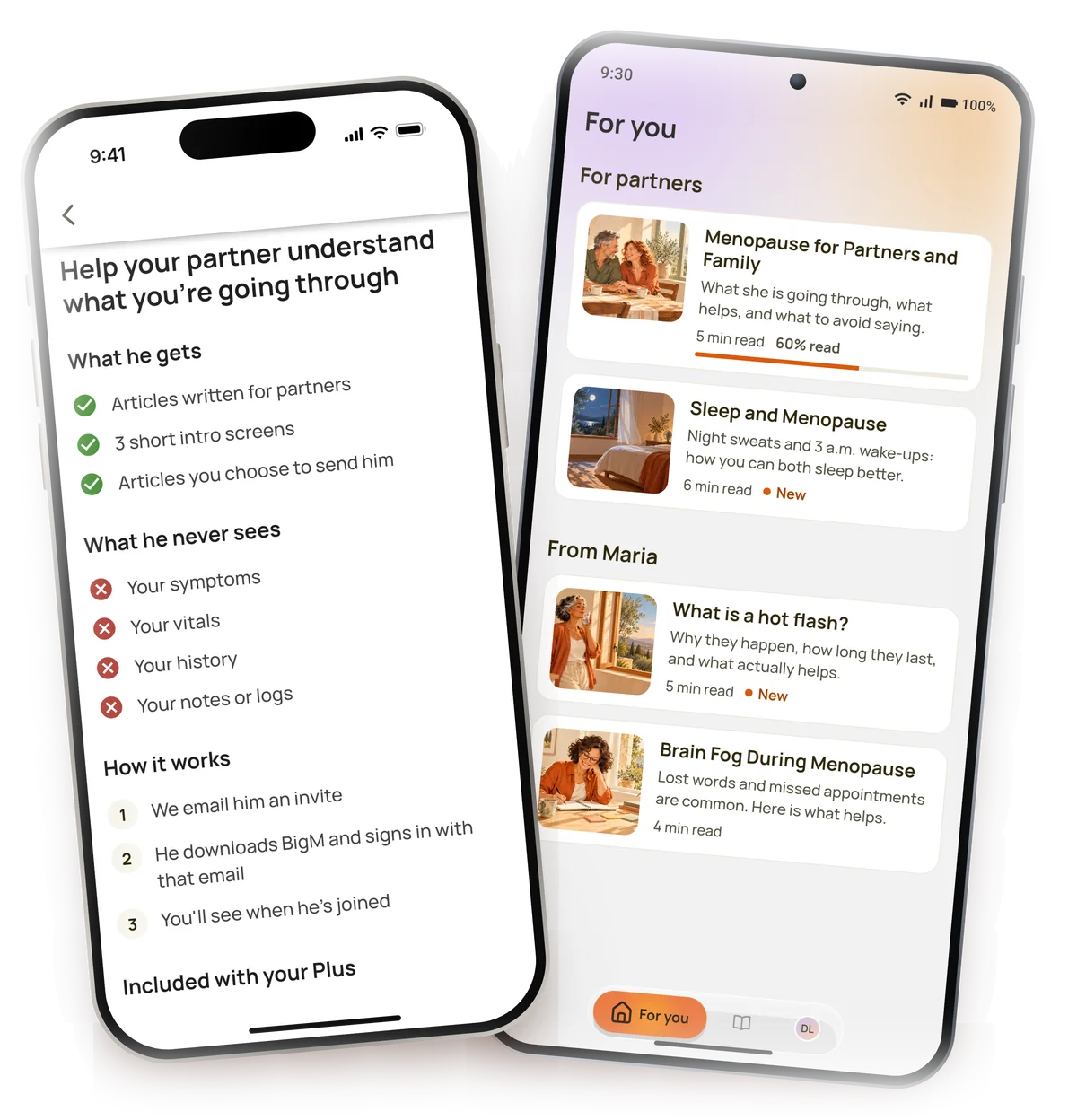 The partner invite screen on an iPhone and the partner's For you screen on an Android phone