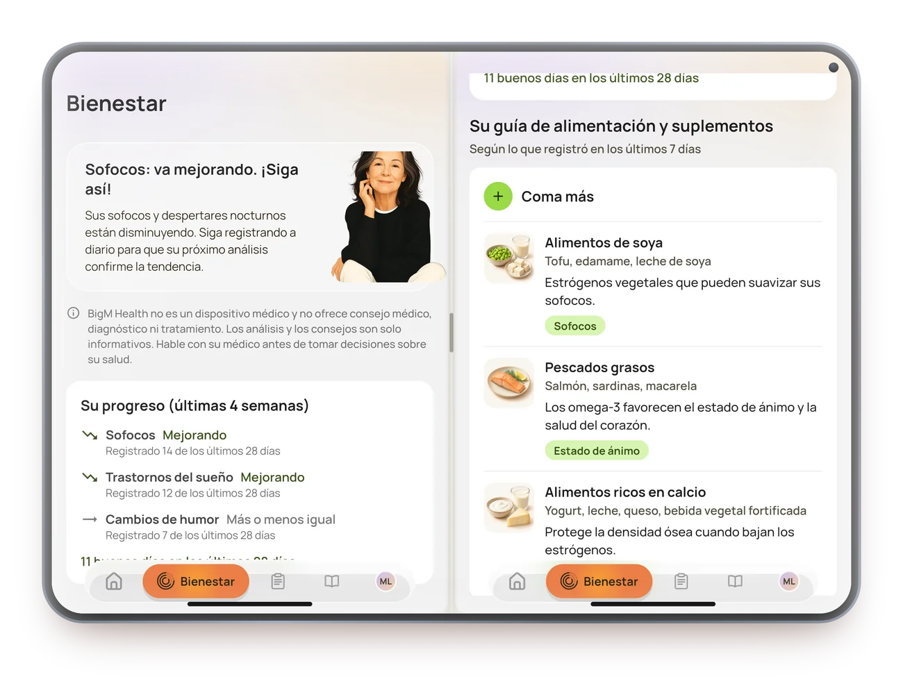Bienestar de BigM y la guía de alimentos y suplementos lado a lado en un iPhone Duo abierto
