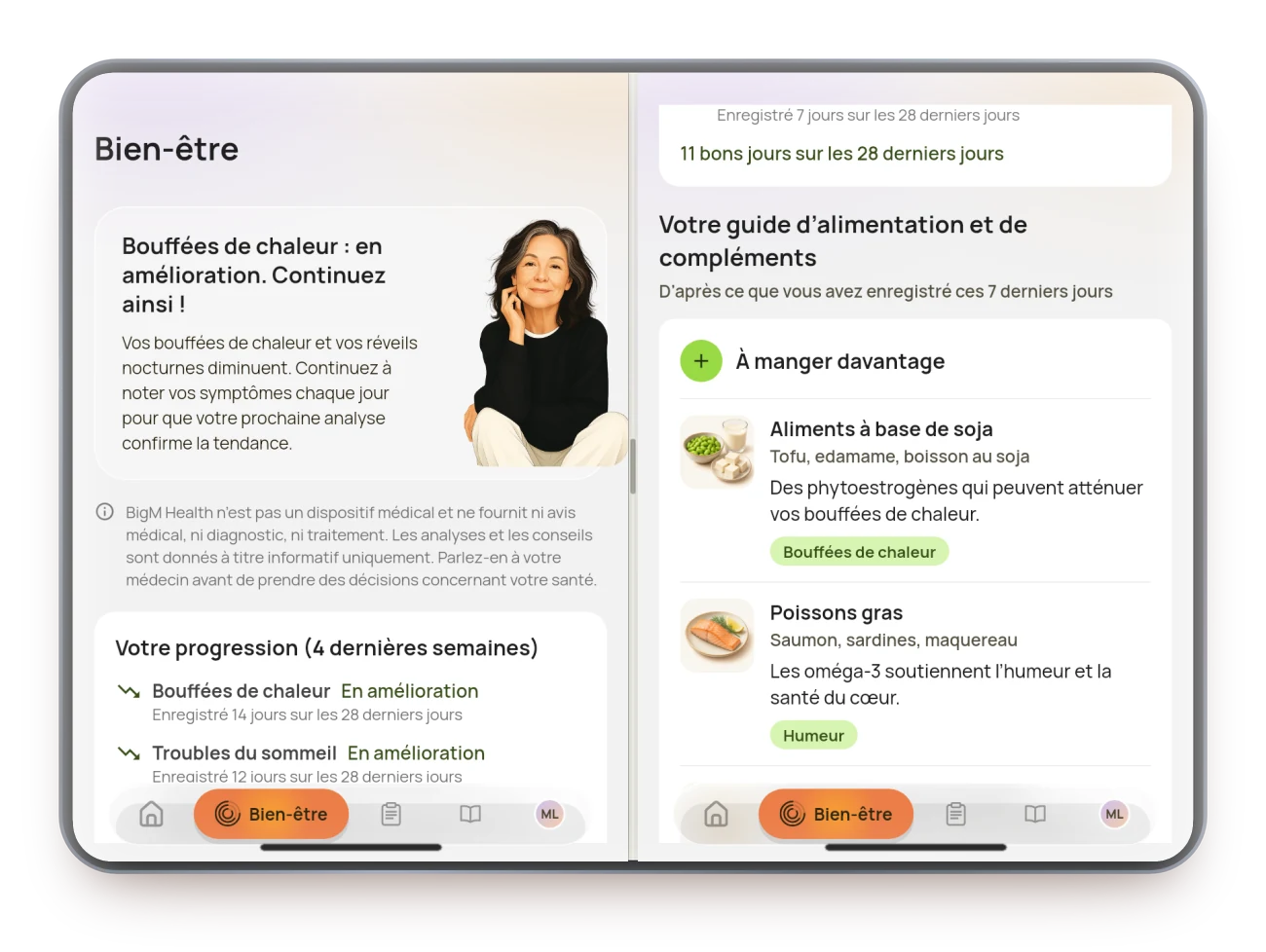 Bien-être BigM et guide d’alimentation et de compléments côte à côte sur un iPhone Duo ouvert