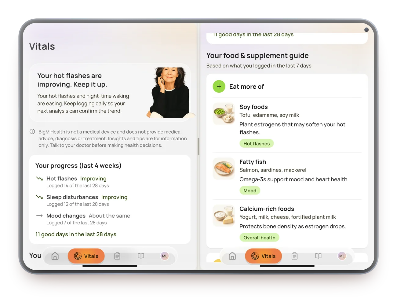 BigM Vitals and the food and supplement guide side by side on an open iPhone Duo